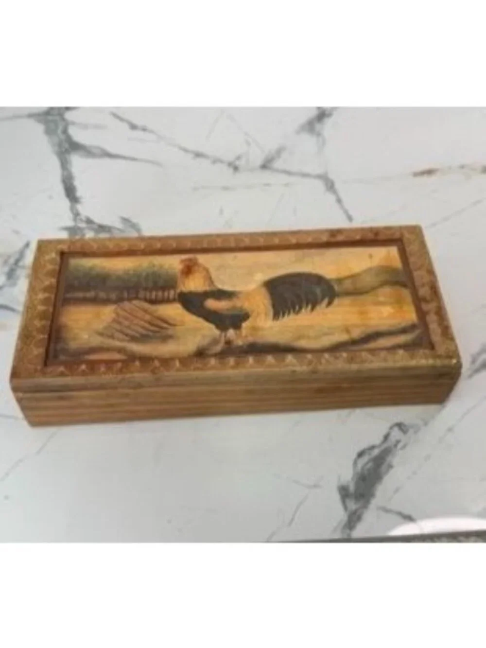 Vintage Rooster Wood Storage Hinged Trinket Box , country, farmhouse